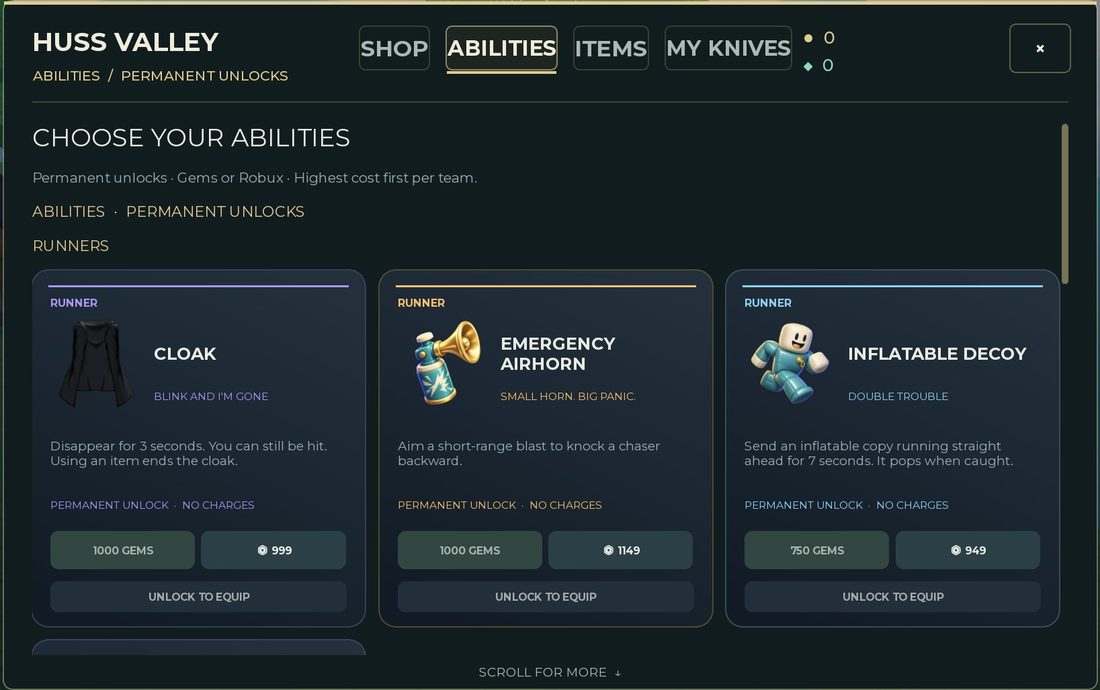 Dated source screenshot of Cloak, Emergency Airhorn and Inflatable Decoy in the Abilities shop.