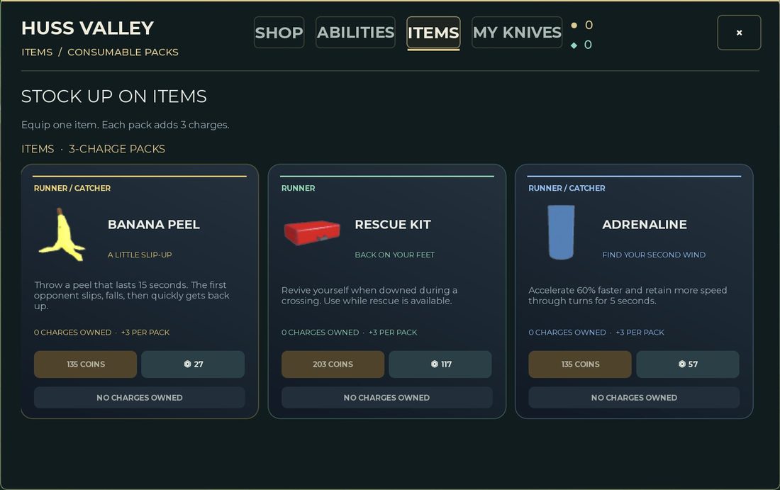 Huss Valley Items shop screenshot showing Banana Peel, Rescue Kit and Adrenaline three-charge packs.