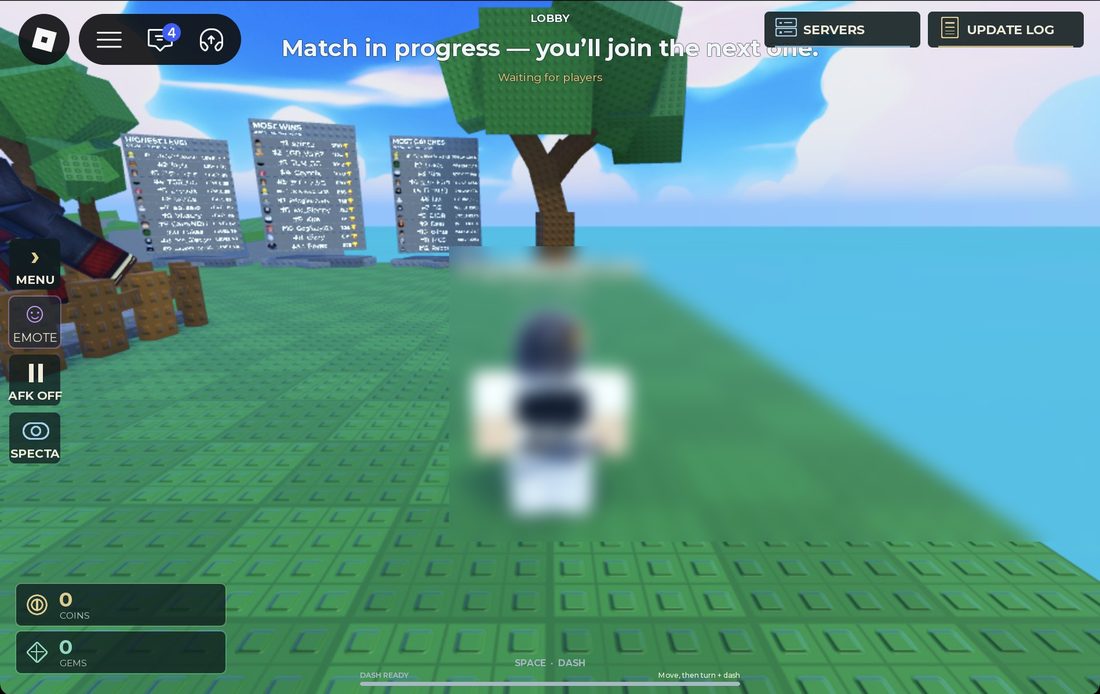 Huss Valley lobby screenshot with a match-in-progress message, AFK and Spectate buttons and a Space Dash hint.